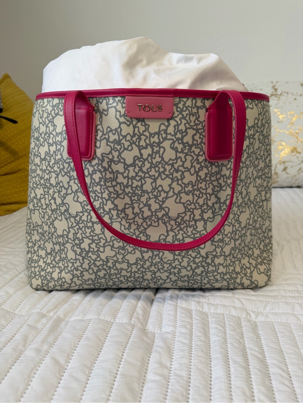 TOUS Cream Tote with Hot Pink Trim and Handles